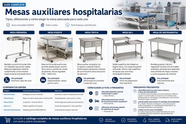 Mesa auxiliar hospitalaria: riñonera, puente, tipo M y en L — cuál necesitas