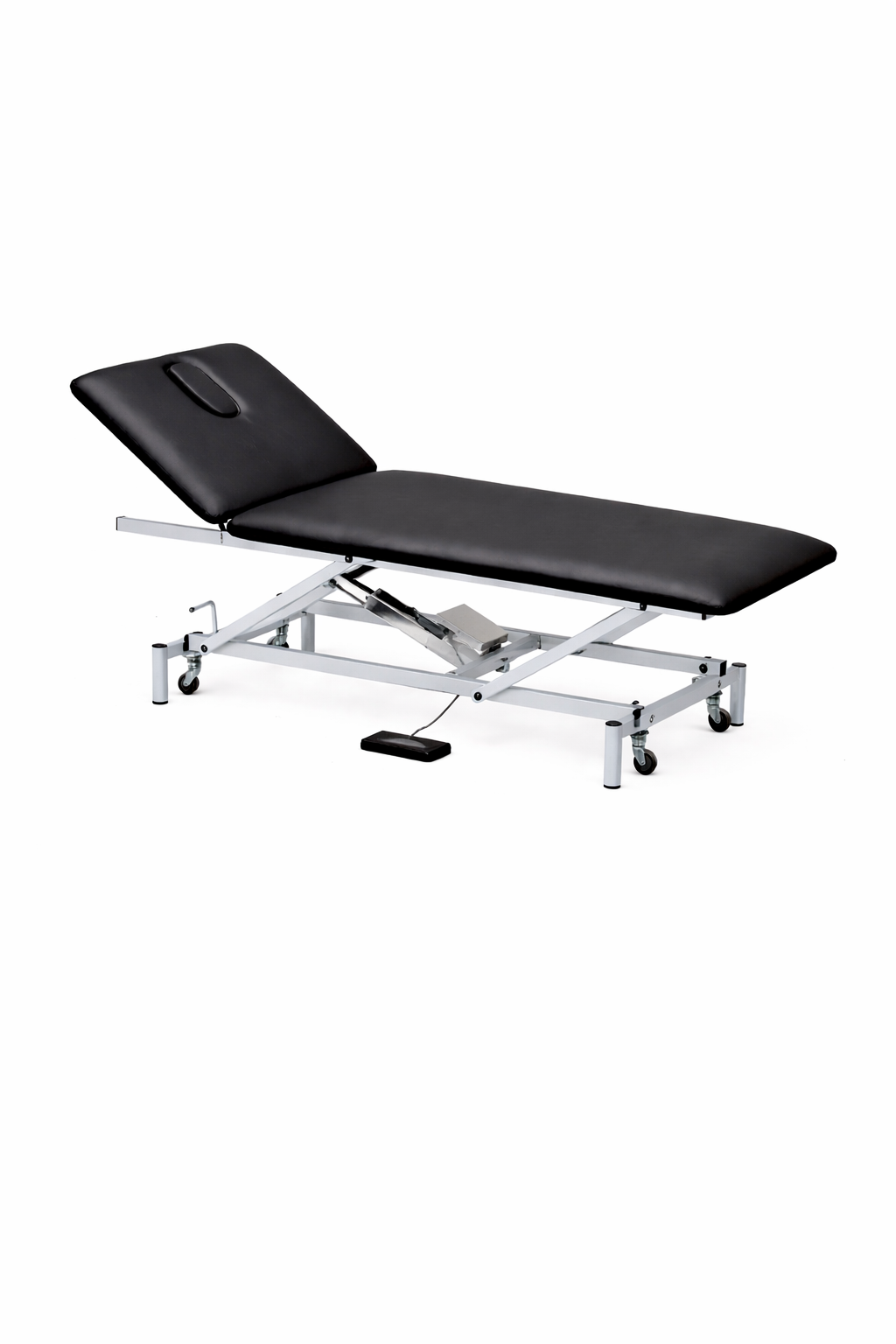 Camilla eléctrica con pedal neumático con cabezal o respaldo accionable mediante pistón de gas.