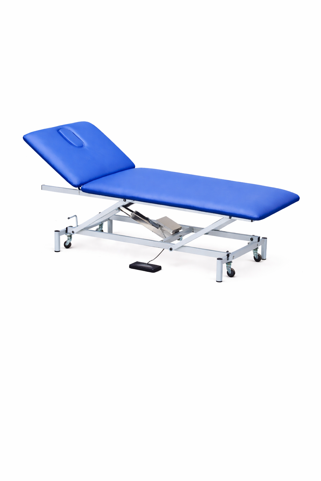 Camilla eléctrica con pedal neumático con cabezal o respaldo accionable mediante pistón de gas.