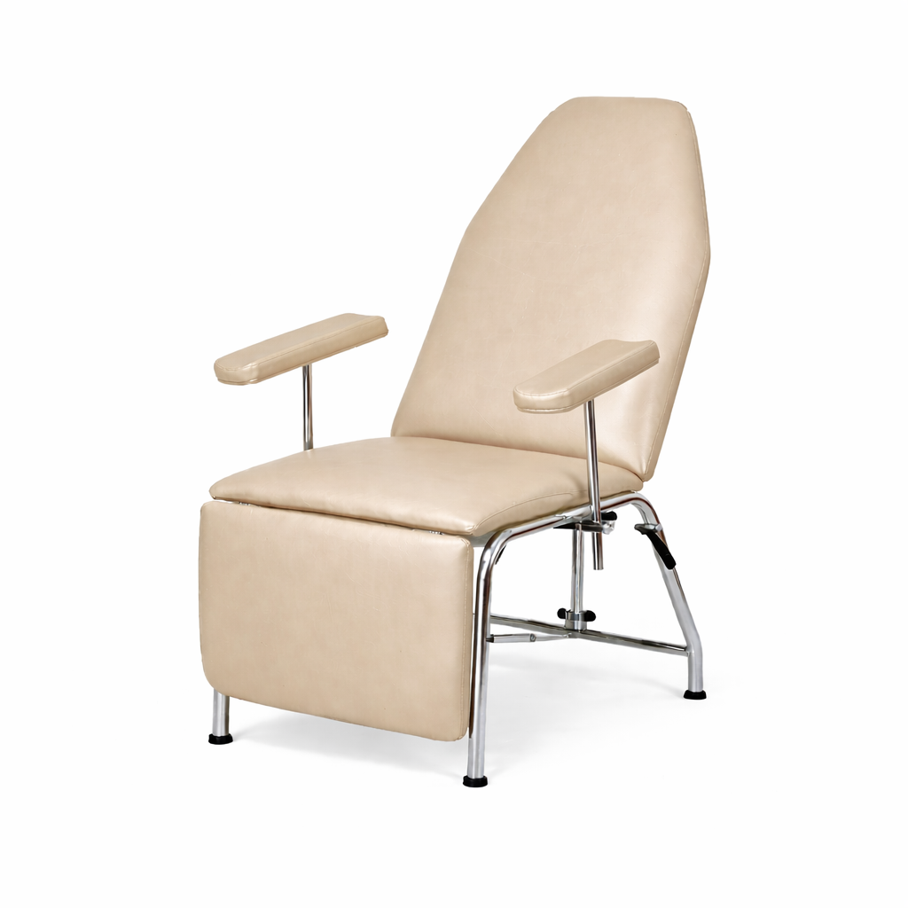 Sillón de tratamientos con tubo de acero cromado y tapizado en goma espuma de alta densidad