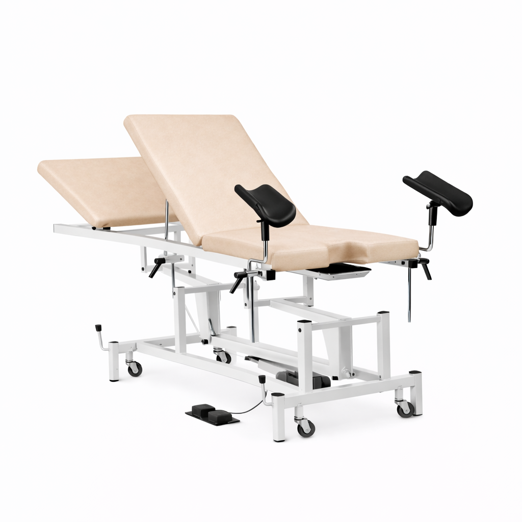 Camilla ginecológica polivalente con bomba hidráulica con 3 secciones, con perneras