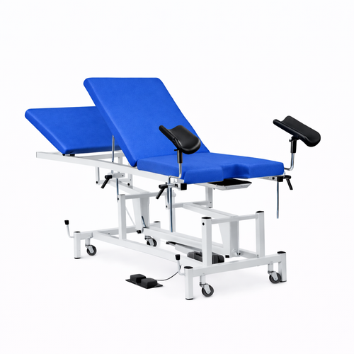 Camilla  ginecológica eléctrica polivalente con motor, 3 secciones, con perneras