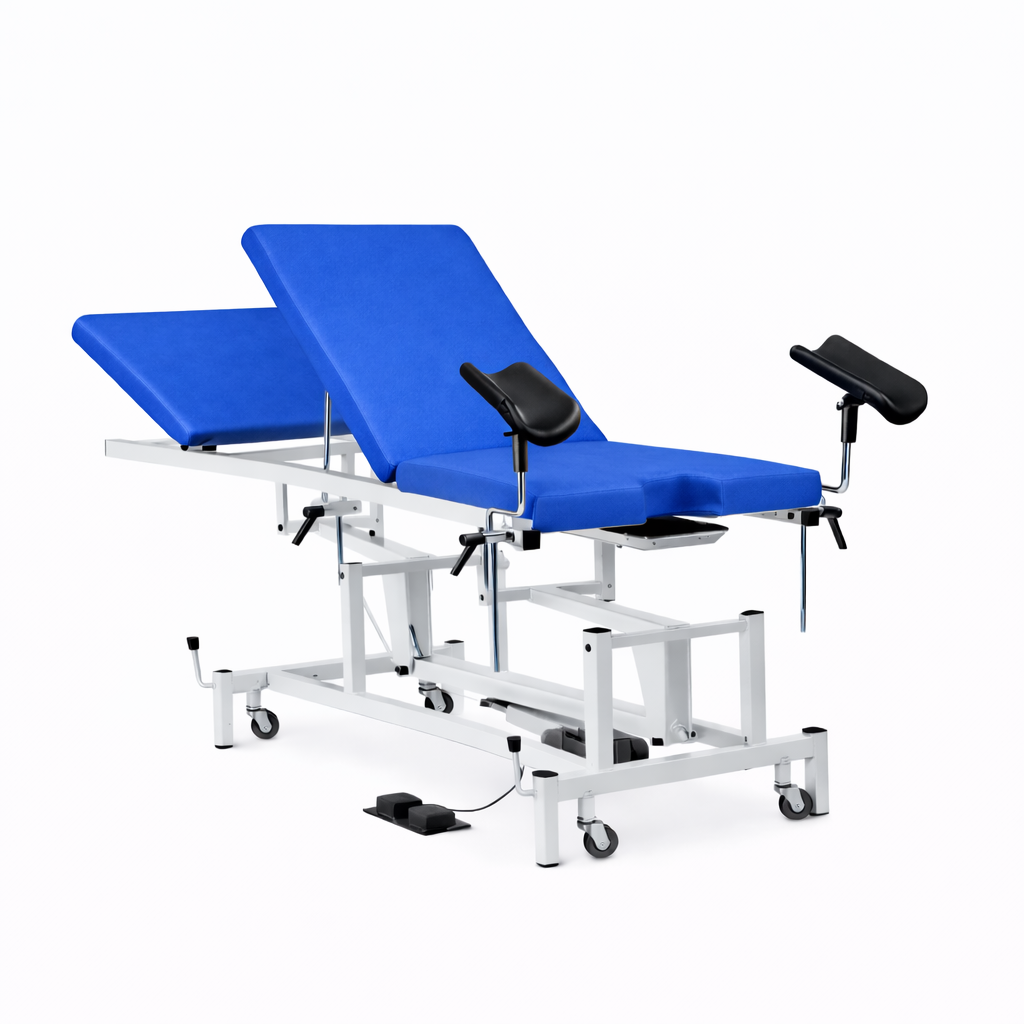 Camilla ginecológica polivalente con bomba hidráulica con 3 secciones, con perneras