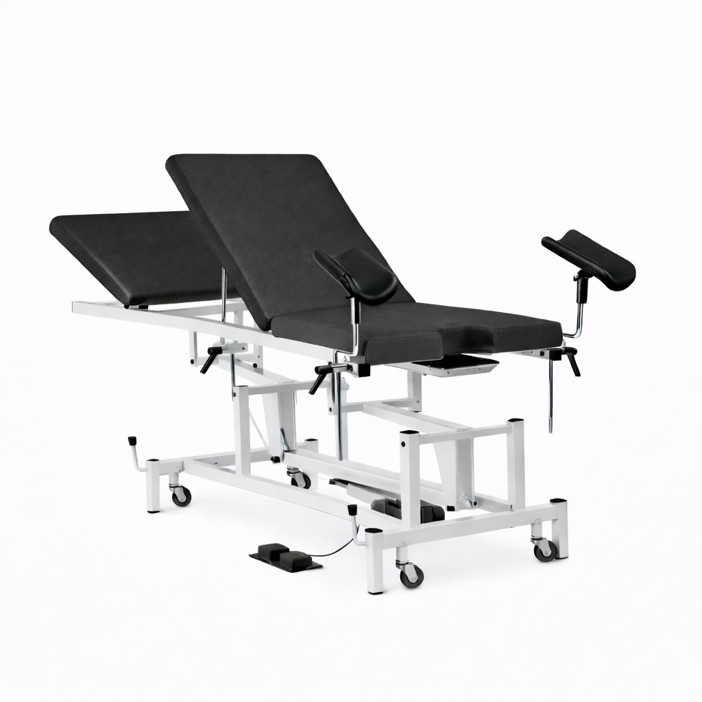 Camilla  ginecológica eléctrica polivalente con motor, 3 secciones, con perneras
