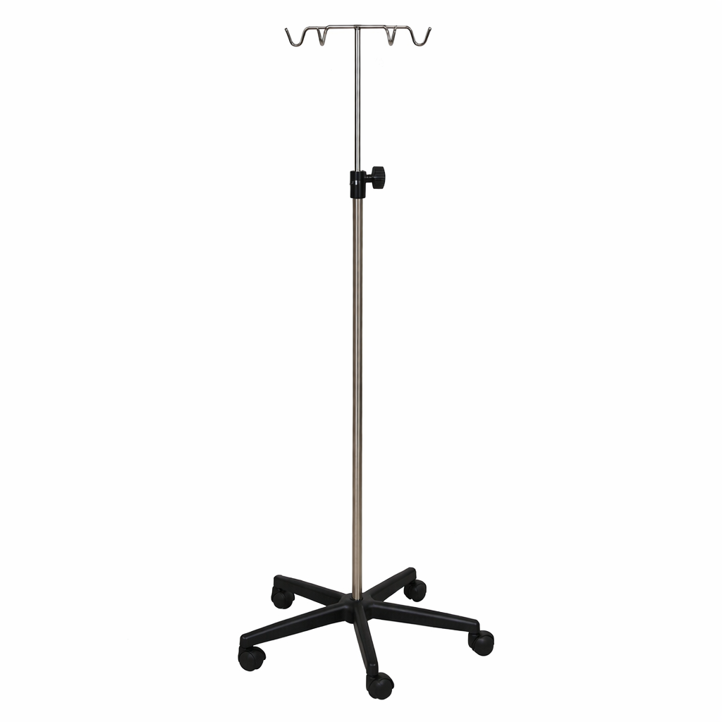 Porta sueros inoxidable, 4 ganchos y base PVC