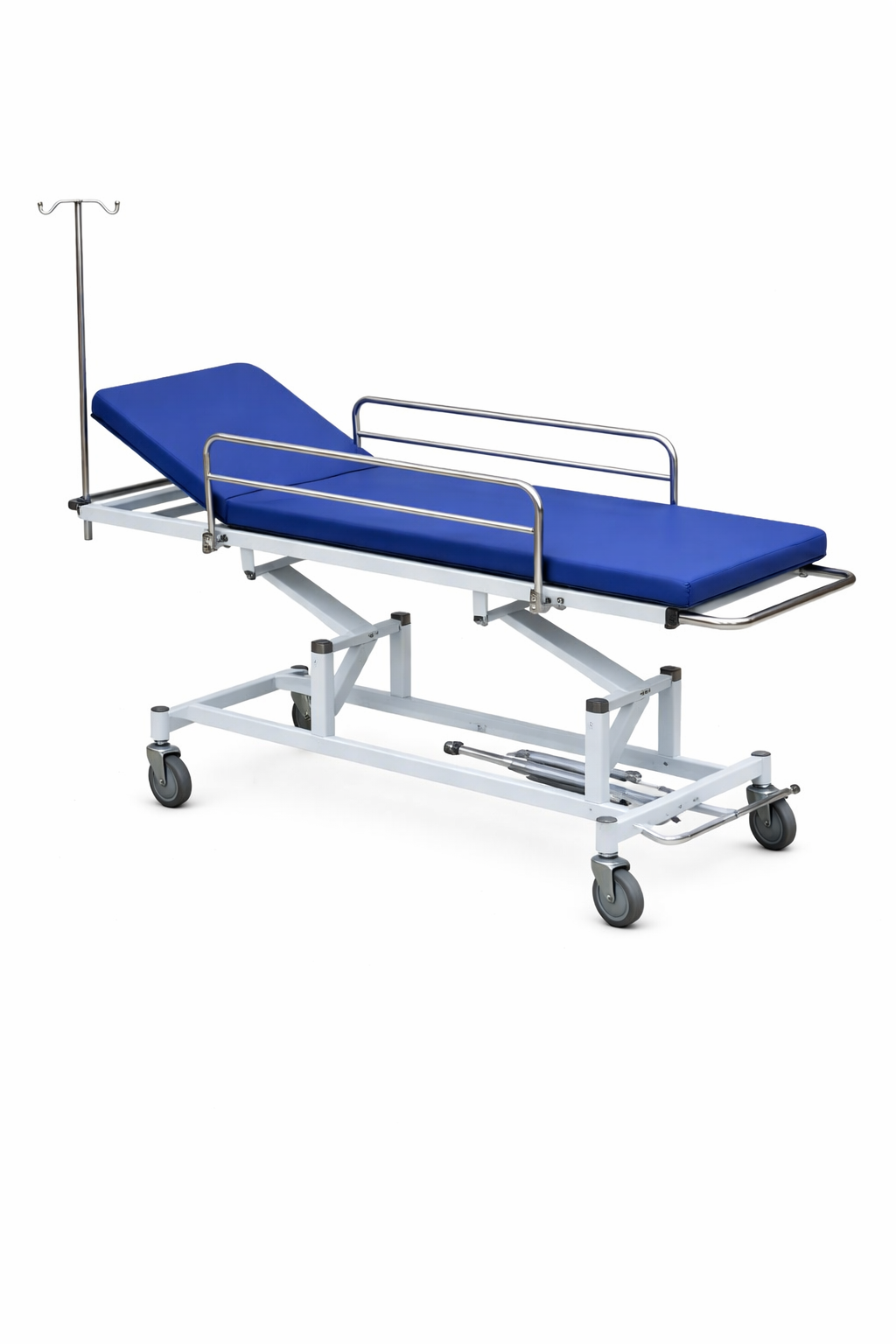 Carro camilla hidráulico, con 2 secciones, barandillas y porta-sueros