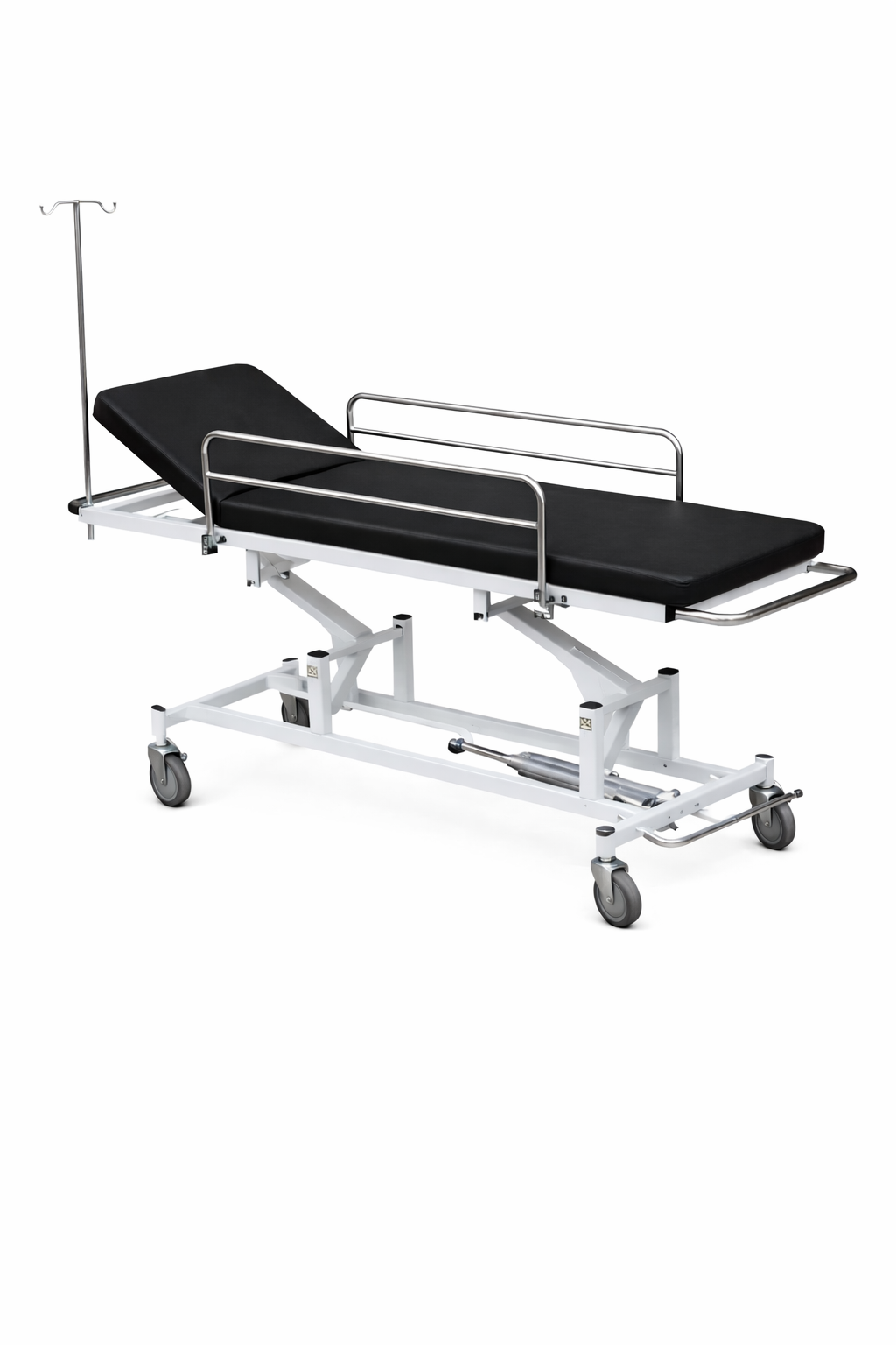 Carro camilla hidráulico, con 2 secciones, barandillas y porta-sueros