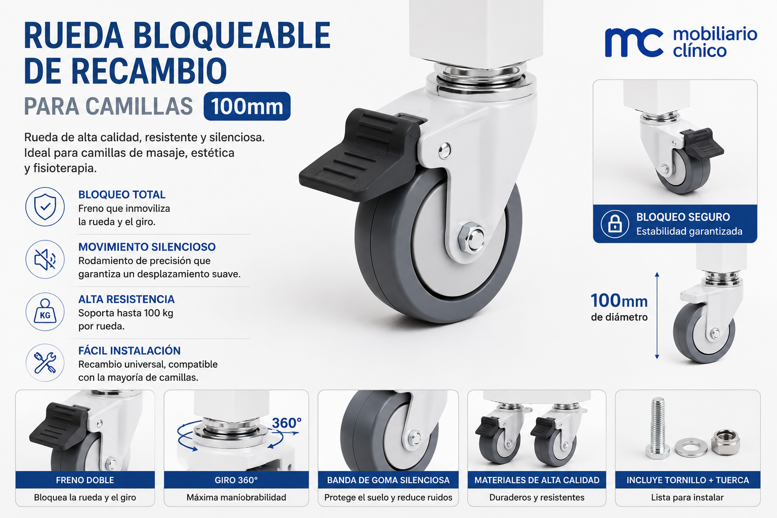 Rueda Bloqueable de Recambio para Camillas 100mm | Mobiliario Sanitario Proexel