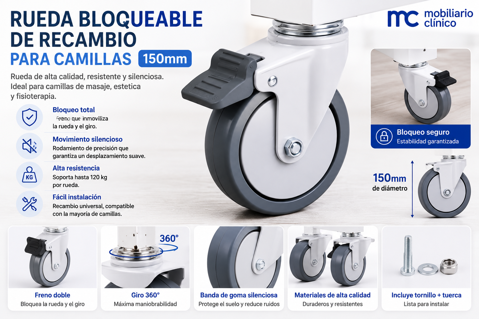 Rueda Bloqueable de Recambio para Camillas 150mm | Mobiliario Sanitario Proexel